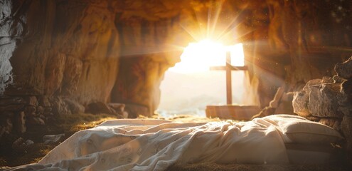  Easter scene of an open stone cave with a rolled away shroud on a bed in front of the sun shining through a window - obrazy, fototapety, plakaty