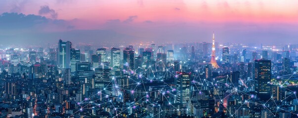 Futuristic cityscape with network connections and digital data flow concept on white background