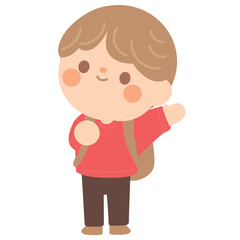 cute students going to school with backpacks. kids Waving and Greeting friend in elementary. brown hair boy wear red costume go to Kindergarten School children.vector illustration handdraw.
