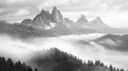 Obraz premium Misty Mountain Peaks in Black and White Photography