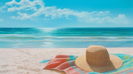 A serene beach scene with golden sands stretching to the azure horizon, where a straw sunhat and a colorful beach towel lie abandoned, 