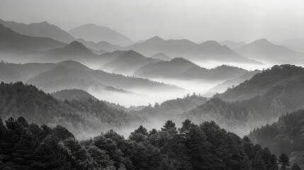 Mystic Mountain Layers in Black and White Photograph - Powered by Adobe