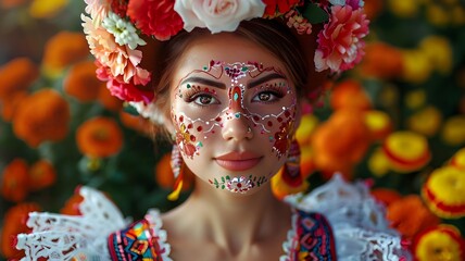  An enchanting image of a beautiful lady wearing a floral crown and a traditional Mexican dress, her face adorned with delicate floral designs, embodying the essence of Cinco de Mayo. 
