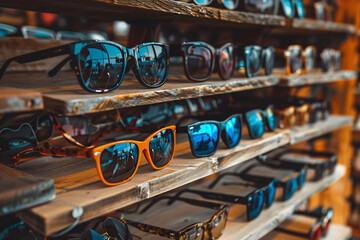 sunglasses on shelves in the beach shop