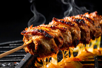 Grilled chicken. Close-up of flattened whole fried Golden crispy tobacco chicken skewered on black grill. Process of cooking meat on an open fire. Home cooking. Side view from above