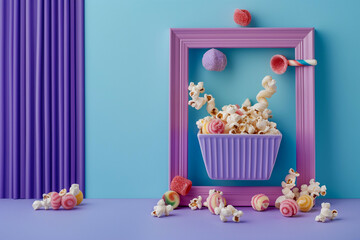 A box, a container filled with popcorn, candies, lollipops in a purple frame leaned against the wall. The background is blue, with dominant colors being blue, purple, red, pink, white.
