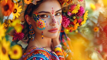  An enchanting image of a beautiful lady wearing a floral crown and a traditional Mexican dress, her face adorned with delicate floral designs, embodying the essence of Cinco de Mayo. 
