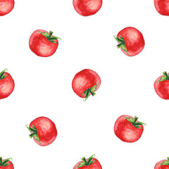 Seamless background with fresh tomatoes painted with watercolors. Bright juicy vegetables. Easy simple sketch doodle style