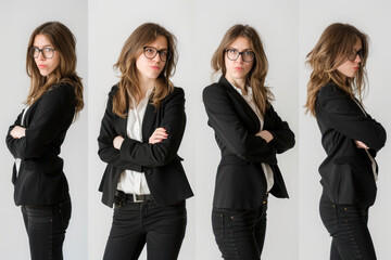 Professional woman displaying a series of confident poses and expressions.