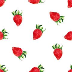Watercolor seamless pattern with straberries. Hand drawn design. Summer fruit illustration.