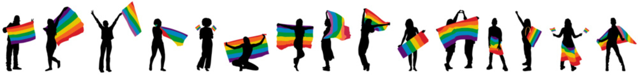 LGBT people silhouette set. LGBTQ, homosexual, heterosexual couples, men, women, trangenders. Diverse love, sexual fetishes, gay and lesbian relationships. - obrazy, fototapety, plakaty