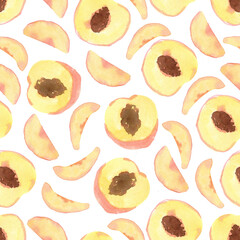 seamless pattern of hand made watercolor peaches. painted summer design with fruits and slices