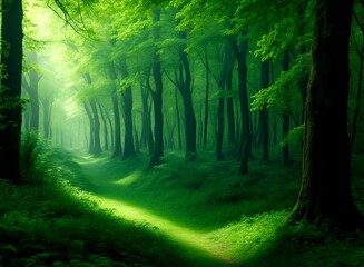 Fototapeta premium Very beautiful green forest in the morning light