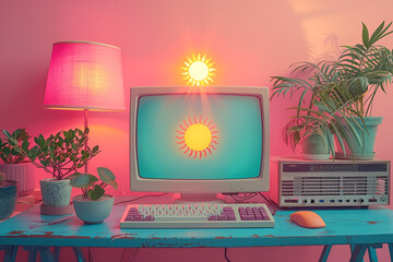 Computer with Sun on Screen and Keyboard,
Computer pink digital technology
