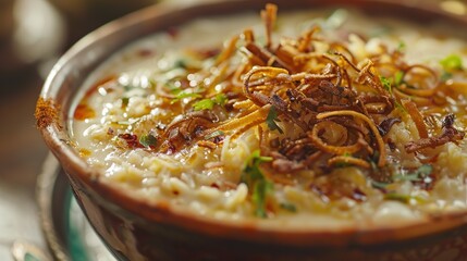 a macro shot of a piping hot bowl of Haleem, capturing the thick and creamy texture topped with fried onions.