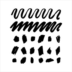 Set of vector grungy graphite pencil art brushes. Pencil textures of different shapes. Easy edit color and apply to any path, write and draw. 