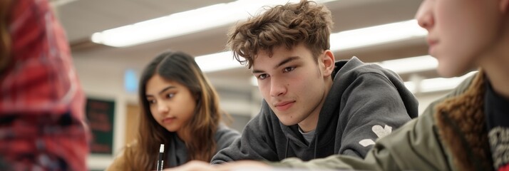 Teenagers in a high school classroom are attentively listening to a lesson, with a focus on one listening youth among peers - obrazy, fototapety, plakaty