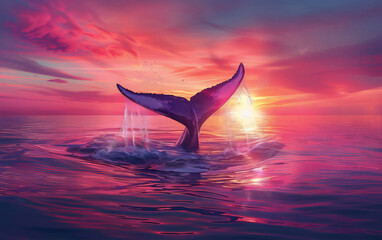 A majestic pink whale tail breaches the water's surface at sunset in a vibrant display of nature's beauty and power.