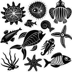 set of sea animals vector silhouette 