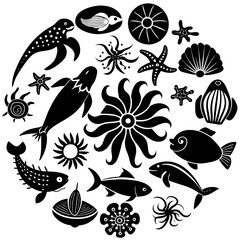 set of sea animals vector silhouette 