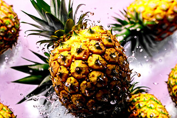 Fresh pineapple fruit with water drops at white background. Cartoon ananas for design project, poster, banner, food wallpaper. Fresh fruits concept. Copy ad text space. Generative Ai illustration