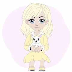 Adorable petite fille blonde avec son lapin blanc 