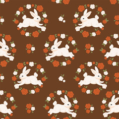Seamless pattern with cute white bunnies and roses. Vector graphics.