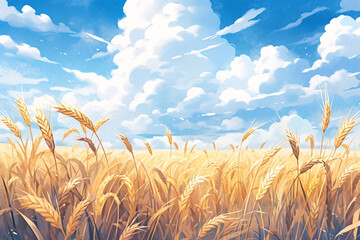 Golden wheat field in summer, ripe harvest illustration of wheat during autumn season - obrazy, fototapety, plakaty