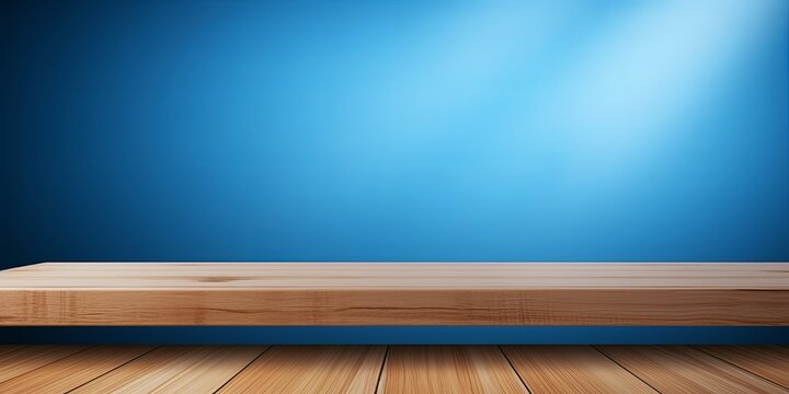 Blue background with a wooden table, product display template. blue background with a wood floor. Blue and white photo of an empty room