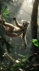 A captivating image of a lemur in mid-swing among the dense trees of a sun-drenched forest, highlighting the animal's agility and the beauty of its habitat