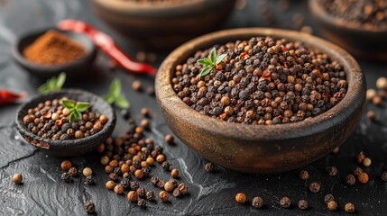 A close up of a bowl filled with spices and herbs, AI