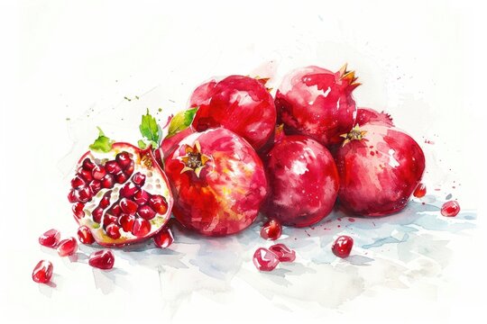 A painting of pomegranates on a white surface. Suitable for food and kitchen-themed designs