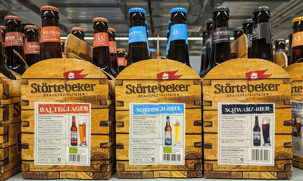 Störtebeker "Baltik Bier", "Nordisch Hell und "Schwarzbier"  beer bottles on the shelf of a supermarket in Berlin, April 22 2024