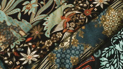 Batik textile with unique pattern from Indonesia,  textured multicolor fabric background
