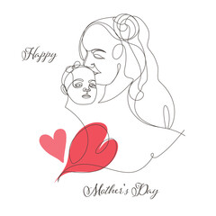 Happy Mother's Day. Illustrations of the heart of a baby mom and daughter. Line art. Vector illustration.