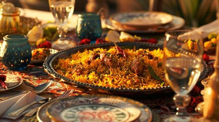 Fototapeta premium a table set with a colorful arrangement of Biryani, showcasing layers of rice, meat, and aromatic spices.