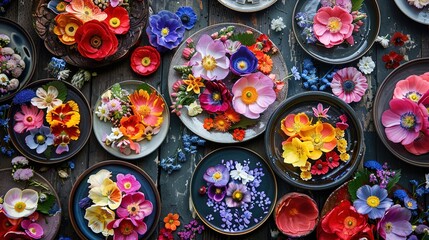  a table set with a colorful array of Hwajeon, traditional  flower pancakes, made with sweet rice flour and edible flowers.