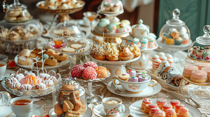 A table set with tea water plates and various sweets i
