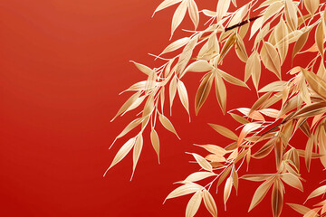 Obraz premium Golden leaves illustration on red background, simple luxury concept illustration