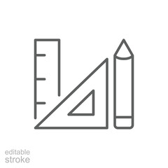 Ruler and pencil icon. Simple outline style. Triangle, pen, triangular, school, drawing, learning, study, geometry, education concept. Thin line symbol. Vector illustration isolated. Editable stroke.