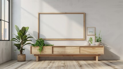 Scandinavian Living Room Interior with Plants and Frame