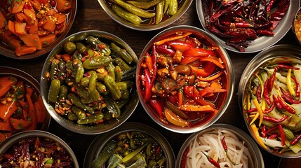 a visually appealing arrangement of Pickles, featuring a variety of tangy and spicy achaars. 