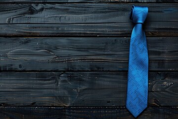 Blue tie hanging on a wooden wall, suitable for fashion or business concepts - obrazy, fototapety, plakaty