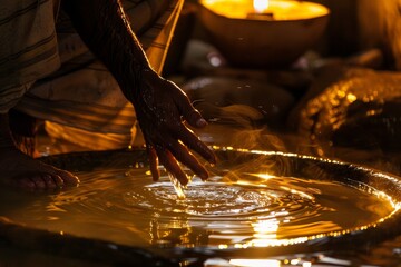 Sacred Reflections: Hand Touching Water Surface at Night