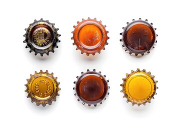 Six bottles of beer lined up on a white surface. Perfect for beverage or party-themed designs