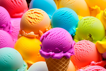 Lots of colorful ice cream in balls and waffle cones in bright colors