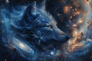 Galaxies, spirals and nebulae in space in the shape of a wolf