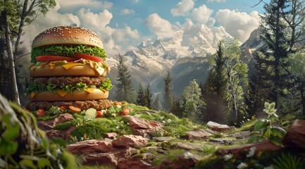 Un énorme hamburger avec des montagnes en arrière-plan, photo publicitaire réaliste dans un style cinématographique. - obrazy, fototapety, plakaty