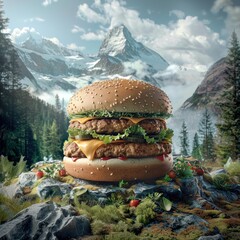Un énorme hamburger avec des montagnes en arrière-plan, photo publicitaire réaliste dans un style cinématographique. - obrazy, fototapety, plakaty