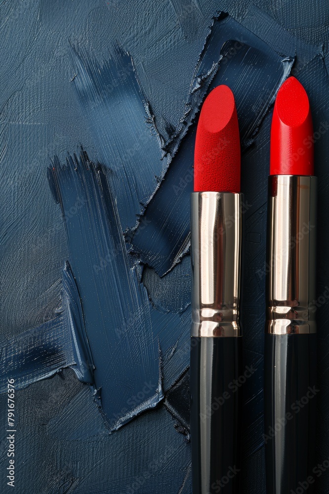 Wall mural Two red lipstick sticks are sitting on a blue painted surface, AI